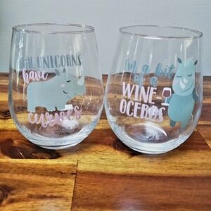 Set of 2 Stemless Wine Glasses Novelty Wine-oceros Rhino & Hippo